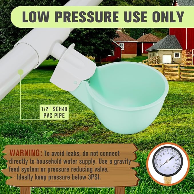 4PC Chicken Water Cups with PVC Tee Fittings for 1/2" Pipe, Automatic Chicken Watering System, Anti-Leak, Holds 50% More Water, Suitable for Chicks, Chicken, Duck, Quail, Birds, Turkey