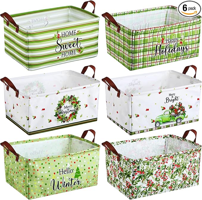 CHENGU 6 Pack Christmas Storage Basket Collapsible Christmas Tree Basket for Gift Green Truck Holiday Decor Large Flower Wreath Bin Foldable Hello Winter Dotted Box with Handle for Bedroom Office Home