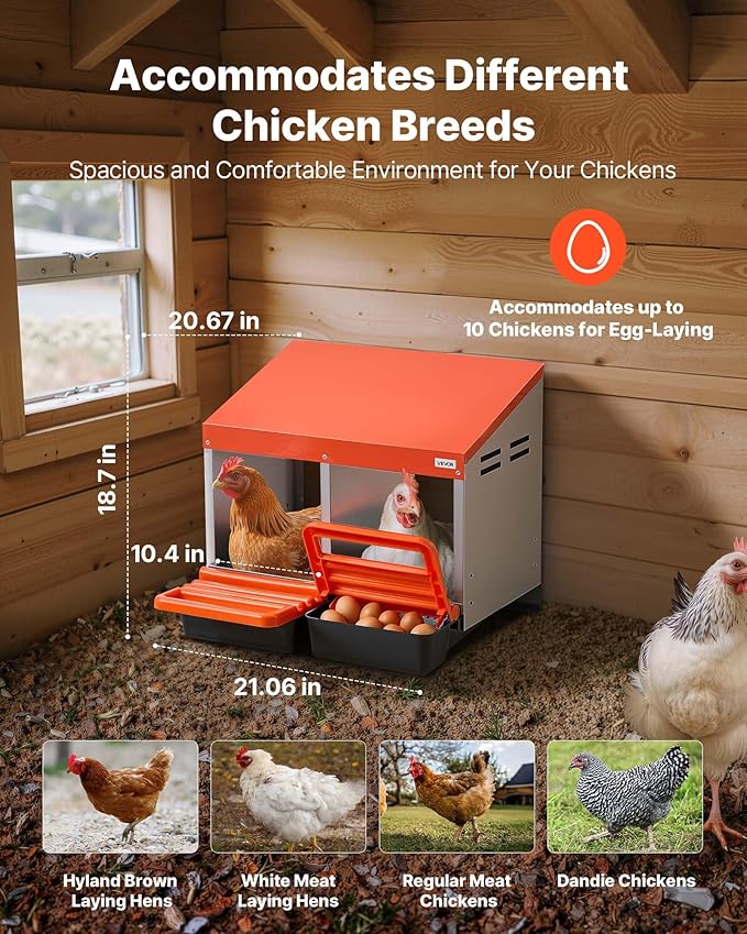 VEVOR Chicken Nesting Boxes, 2 Compartments, Easy Egg Collection, Wall Mount, Easy to Assemble, Galvanized Steel and High-Strength Plastic, Roll Away Nesting Boxes for Chickens Laying Eggs, Orange