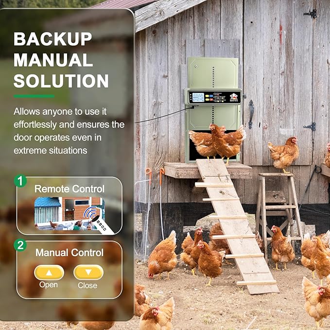 Automatic Chicken Coop Door Solar Powered with Timer, Light Sensor, Remote Control, LCD Display, Aluminum Alloy 4 Auto Modes Wide Chicken House Door, Green
