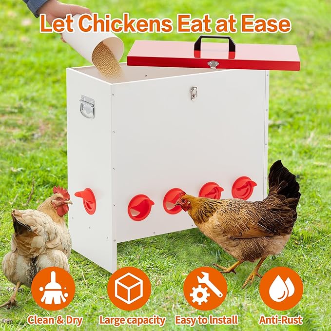 Automatic Metal Chicken Feeder Large Capacity 120 Lbs, No Waste 10-Ports Weather-Resistant & Animal-Proof Gravity Poultry Feeder for Chickens, Geese, Ducks, Turkeys, Quails