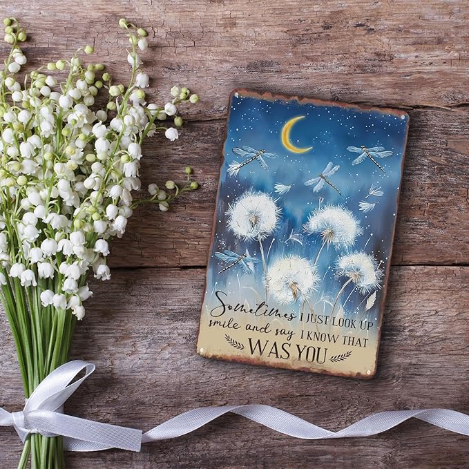 Sanwarm Metal Sign 8X12 Inch, Just Look Up Smile Say I Know That Was You Dragonfly Dandelion Inspiring Vintage Tin Sign Wall Art Decor for Home, Living Room, Bedroom, Office, Cafe And Pub Decoration