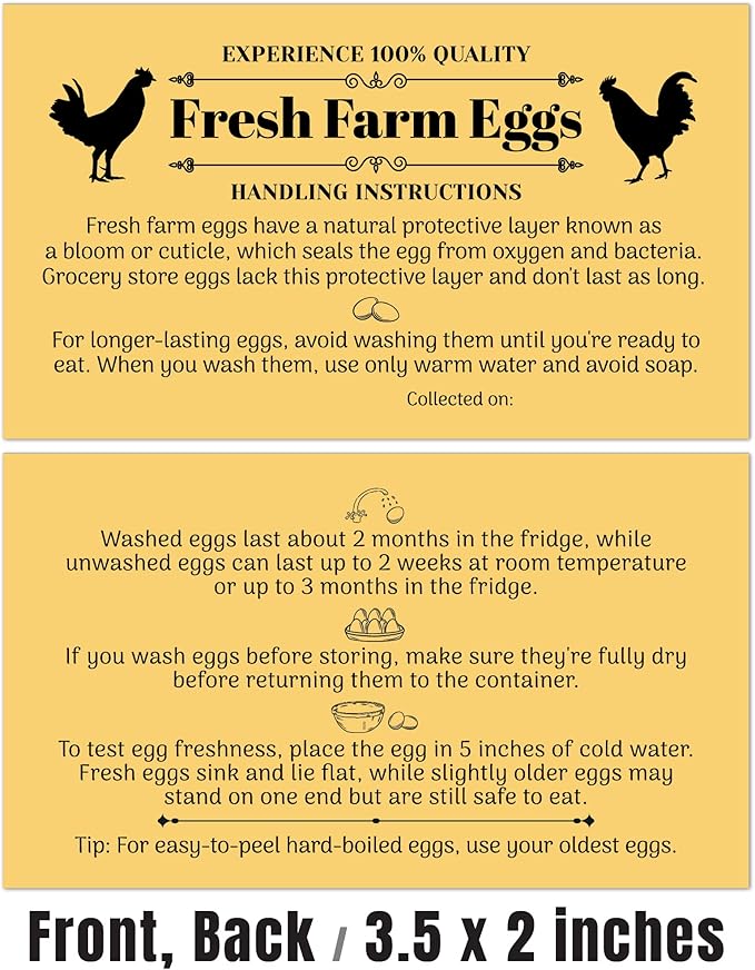 100 Pack Premium Fresh Farm Eggs Handling Instructions Care Accessories Cards Labels | Egg Blank Cartons 4 6 12 15 18 30 48 50 Count Basket Box Container Storing Extra Organizer -M10CH100