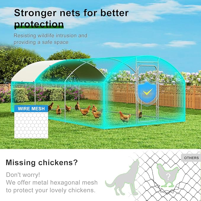 Large Metal Chicken Coop Walk-in Poultry Cage with Waterproof and UV-Resistant Cover, Outdoor Chicken Run Poultry Hen House for Backyard Farm Use,Dome Roof(10’ W x 19.7’ L x 6.4’ H)