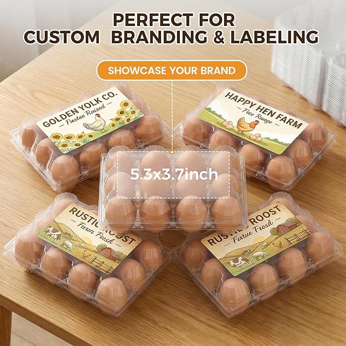 HANSGO 60 PCS 12 Count Plastic Egg Cartons, with 60PCS Date Labels, Bulk Clear Reusable Egg Containers for Fresh Medium Eggs Storage, Suitable for Farms, Families, Markets Display
