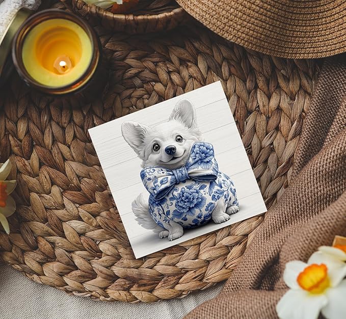 Chinoiserie Corgi Wooden Signs, Grand Millenial Bow Blue Floral Home Decor, Blue and White Porcelain Desk Decorations, Farm Animal Office Kitchen Bathroom Decor