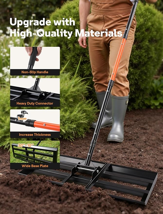 Lawn Leveling Rake 30x10 inch, Heavy Duty Lawn Leveler Tool with 78" Adjustable Handle, Curved Edge & Anti-Fracture Connectors Level Soil or Dirt Ground Surfaces for Backyard, Grass, Golf Course, Farm
