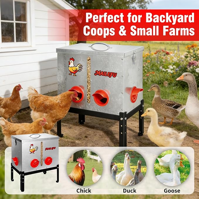 Automatic Chicken Feeder 40LB, Large Metal Poultry Feeder No Waste Design, Rat Rodent Proof Chicken Feeder with Locking Lid, Visual Window & Adjustable Legs, Weatherproof Chicken Coop Feeder