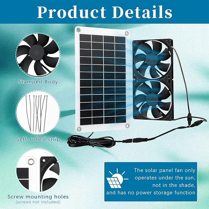Solar Exhaust Fans Solar Ventilation Fan & Solar Panel with 10W Panel & Double Pack Brushless DC Fans IP65 Waterproof for Greenhouses, Chicken Coops, Attics, Barns, Sheds & Dog Houses (Black)