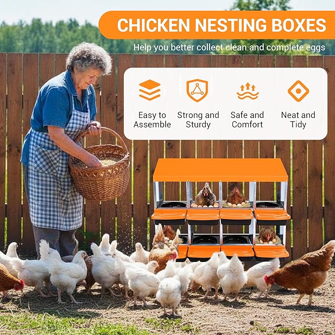 Chicken Nesting Box 8-Hole Roll Away Egg Laying Box with Lid, Galvanized Steel Rustproof Poultry Coop Box, Easy Clean, Wall Mountable No Bracket Needed for Hens, Orange