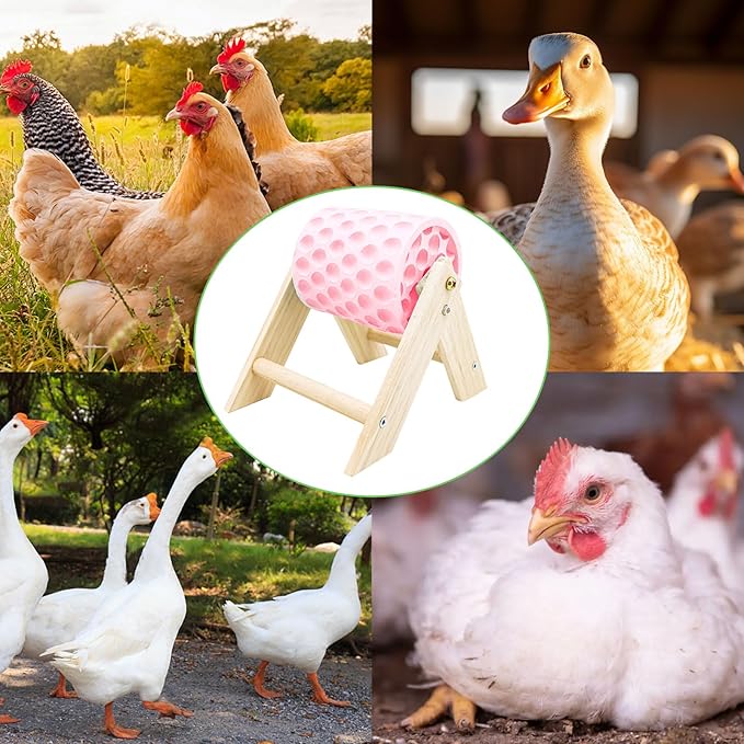 Chicken Coop Accessories, Beak Grinding Calcium Stone with Wooden Stand, Chicken Enrichment Toys, Toys for Hens, Ducks, Geese, Turkeys, Poultry, Pink