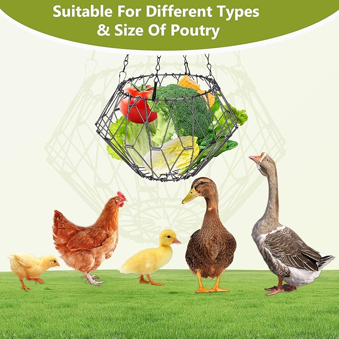 Hanging Chicken Feeder Accessories, Foldable 6.5Inch Large Poultry Vegetable Fruits Feeder Basket with 4pcs Hanging Chain, Veggie Treat Ball Boredom Toys for Chicken/Hens/Duck/Rabbits' Coop