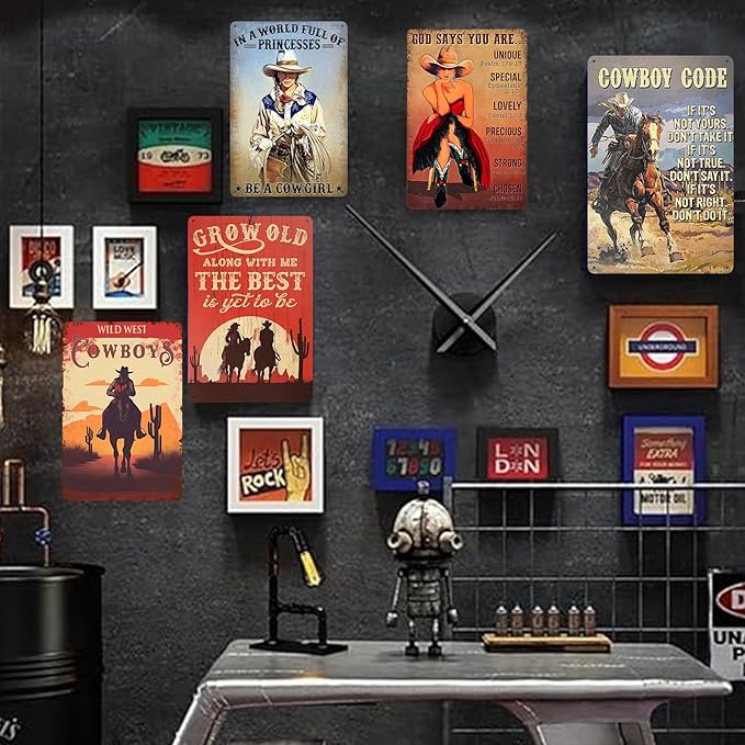 5pcs Vintage Western Cowboy Tin Sign - Retro Metal Wall Art Decor for Garage, Man Cave, Bar, or Home - 8x12 Inch - Perfect for Western Theme, Rustic Decor, and Gift Ideas