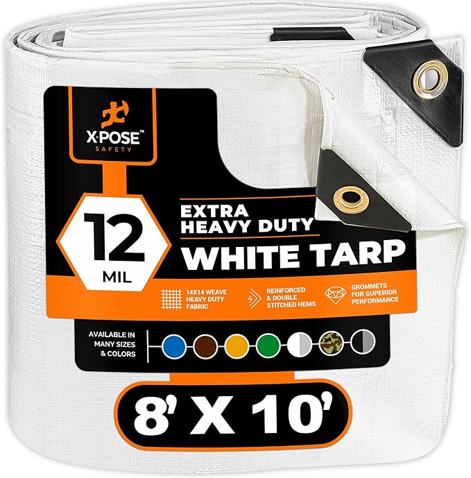 Heavy Duty White Poly Tarp 8' X 10' - Multipurpose Protective Cover - Durable, Waterproof, Weather Proof, Rip and Tear Resistant - Extra Thick 12 Mil Polyethylene - by Xpose Safety