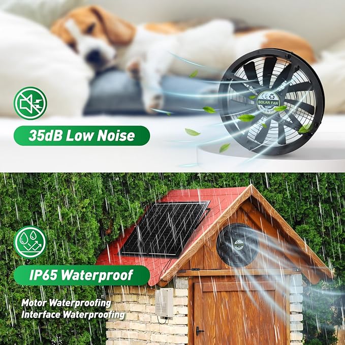 Solar Exhaust Fan with Battery, 40W 10" Solar Powered Fans for Greenhouse with 60Wh Battery Run Day & Night, Solar Vent Fan for Shed Chicken Coop Dog House Outside, Waterproof & Low Noise
