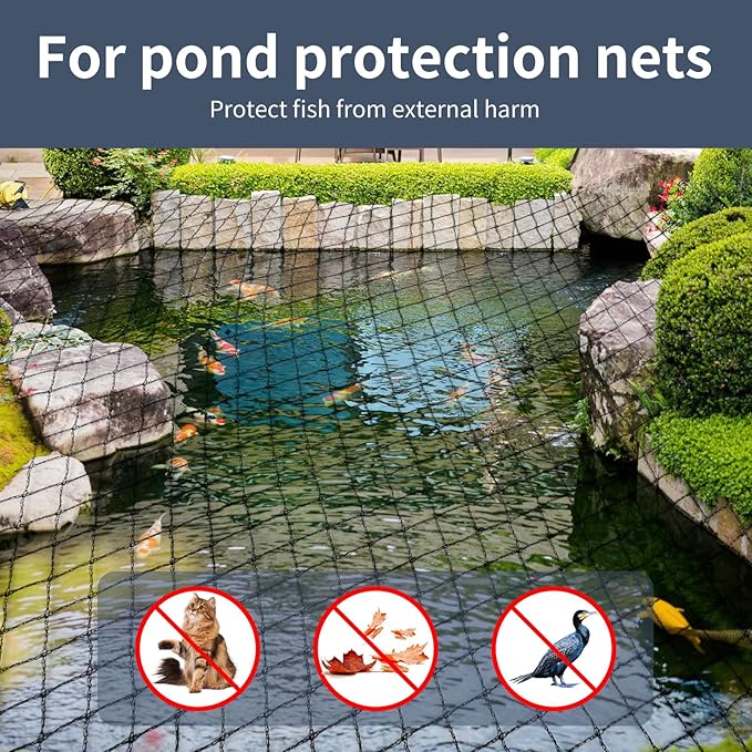 Koi Fish Pond Netting Shield 15ft x 20ft, Black Heavy Duty Pool Leaf net Cover, Protects Garden Pond from Birds,Cats & Predators Away, Durable & Stakes Included (Black)