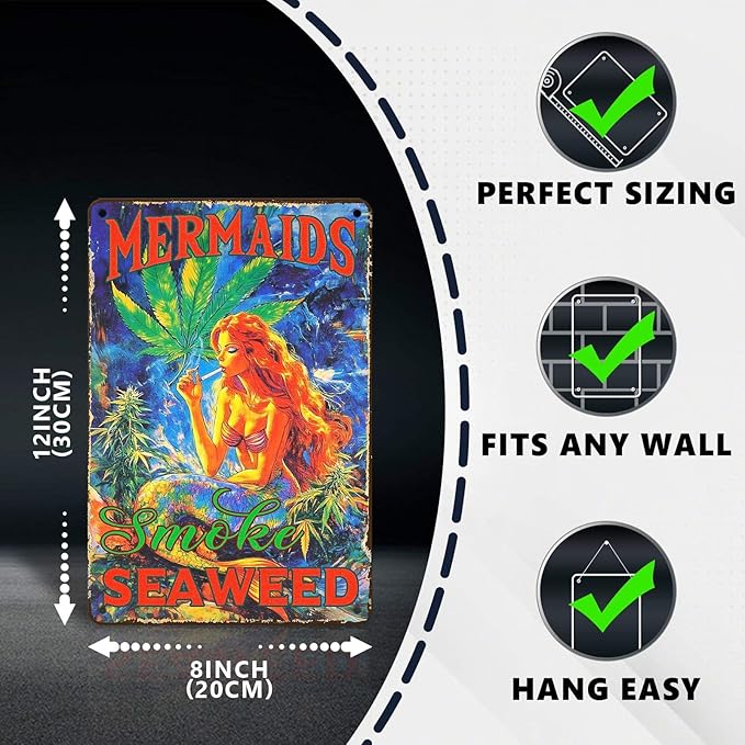 Vintage Mermaid Metal Sign Mermaids Smoke Seaweed Retro Ocean Beach Tin Sign Wall Decor Coastal Home Beach House Patio Porch Bathroom Coastal Novelty Decor Bar 12 * 8 In