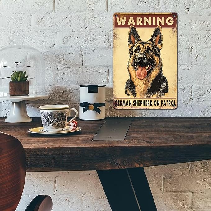 PEACHGARDEN Warning Vintage Metal Sign German Shepherd Signs Warning Beware Dog Tag Funny Plaque for Home Outdoors, Patio, Yard, Porch 8x12inch
