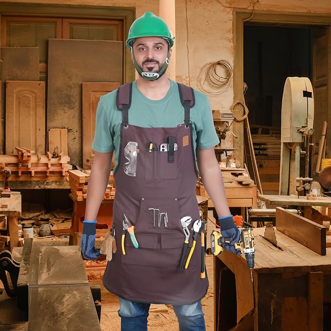 Woodworking Apron for Men - 9 Reinforced Pockets Durable Canvas Padded Cross Straps - Woodworking Gifts for Men