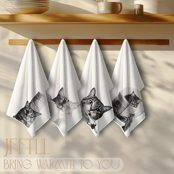 Cat Bathroom Decor Hand Towels, Cat Gifts for Women, Pet Lovers Gifts, Black and White Cute Kitten Hand Towels for Bathroom Washroom Restroom Decor, 16x24 Inch, Set of 4