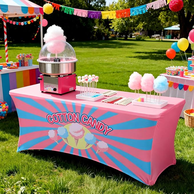 Oudain 6 ft Cotton Candy Stand Tablecloth Elastic Spandex Table Cover Cotton Candy Shop Pink Blue Banner Sign Table Cloth for Business Advertising Carnivals Party Outdoor Concession Stand