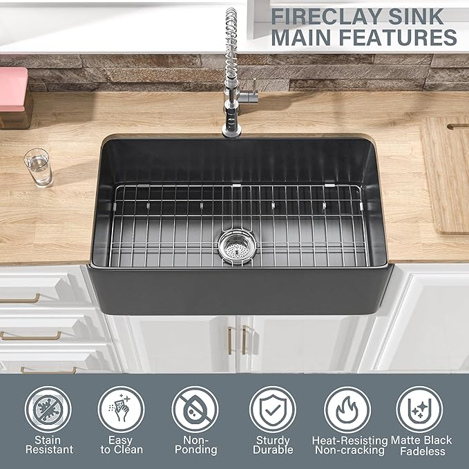 Black Farmhouse Sink 30 x 18 Inch, Firecaly Apron Front Undermount Farm Sink, Heavy Duty Single Bowl, with Accessories 2 Types, Matte Black, for Kitchen