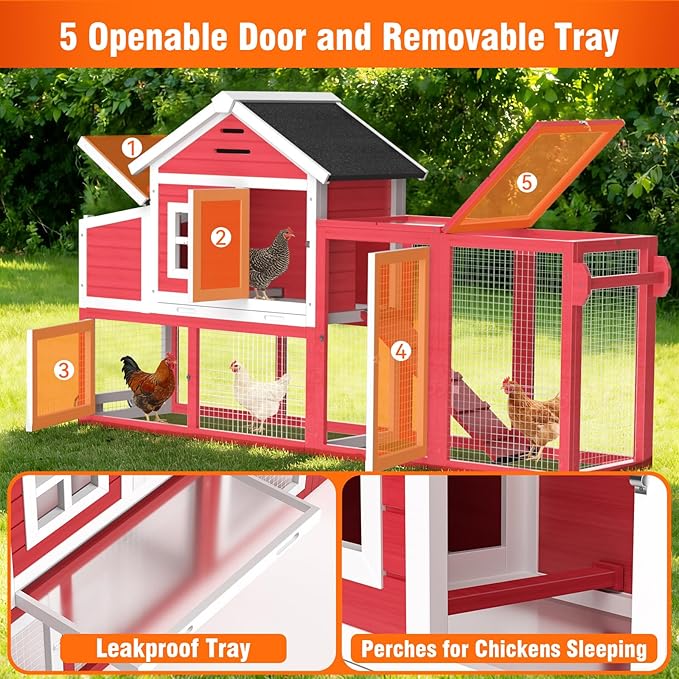 Chicken Coop for Outdoor, Mobile Poultry Cage with Wheels, Nesting Box, Weatherproof Roof and Leakproof Pull-on Tray for 4-6 Chickens, 78.7" L x 21.5" W x 43.7" H (Red)