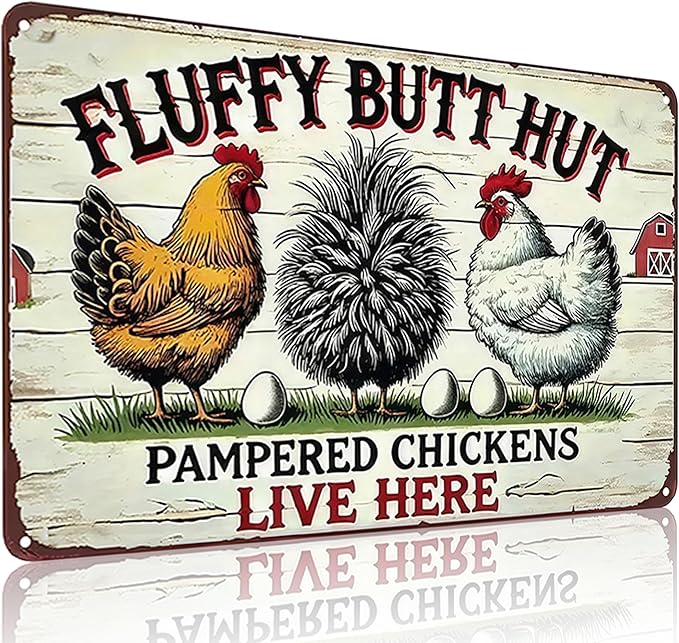 Funnysign Vintage Fluffy Butt Hut Pampered Chickens Live Here Chicken Tin Sign for Chicken Coop Farm Kitchen Garden Yard Decor 8x12 inch (3941)