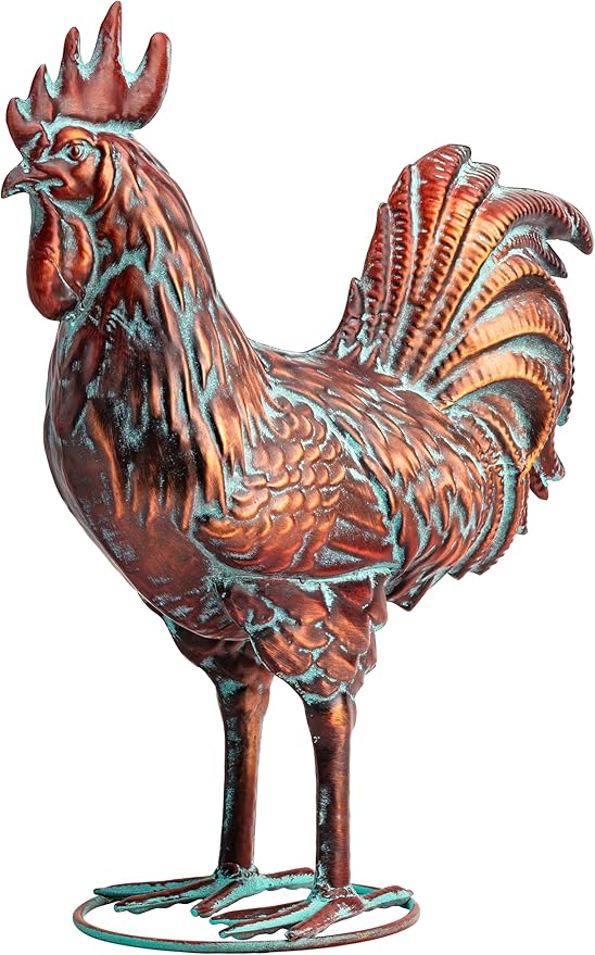 Metal Rooster Yard Decor 15.7" L x 18.8" H Large Outdoor Chicken Sculpture Yard Art Antique Copper Garden Statues for Backyard Patio Lawn Home Farmhouse Kitchen Decorations