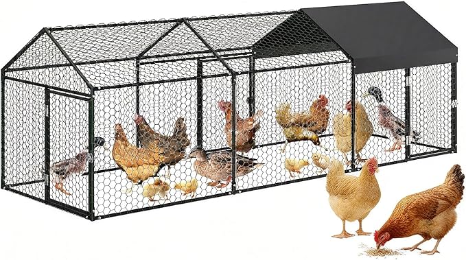 Large Metal Chicken Coop with Run for 20-30 Chickens - Outdoor Walk-in Poultry Cage with Anti-UV Waterproof Cover, Security Lock & Tri-Supporting Wire Mesh - Heavy Duty Hen House (120x40x40 Inch)