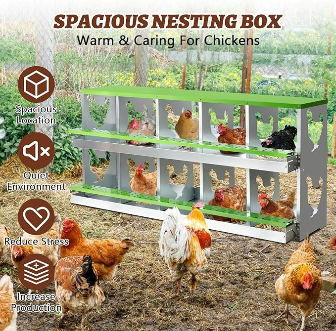 Chicken Nesting Box,Heavy Duty Metal Nest Boxes,10 Hole Roll Away Nesting Boxes,with Large Vented Holes,Wall-Mountable Chicken Coop Nesting Boxes,for Chickens,Ducks,Large Egg Boxes (Green 10 Hole)
