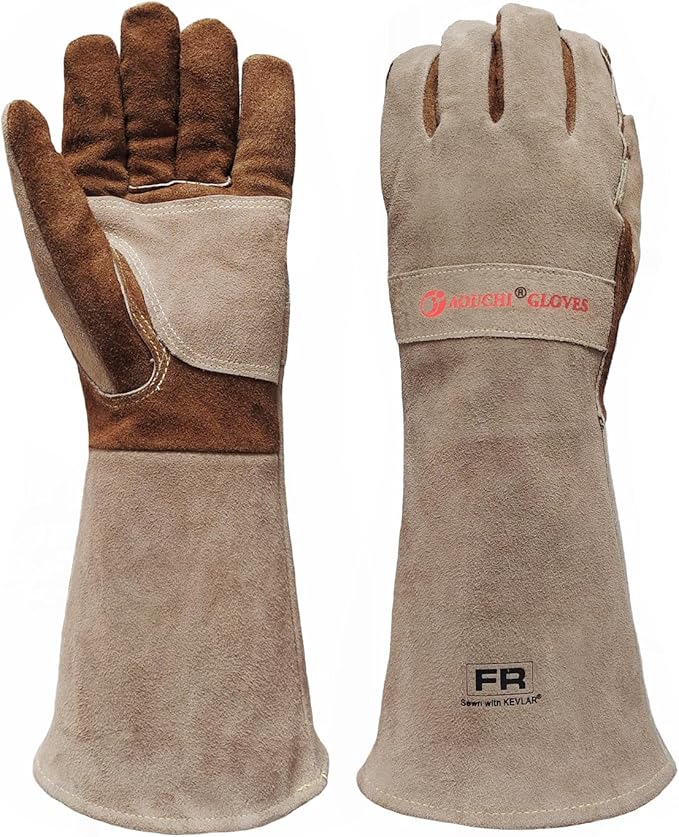 Leather Welding Gloves for Men, Long Sleeve Fireproof and Heat Resistant Mitts for Firefighting, Fireplace, Oven, Baking, BBQ, Stove, Pot Holder, Yark Work Thorn Proof (Coffee Large)