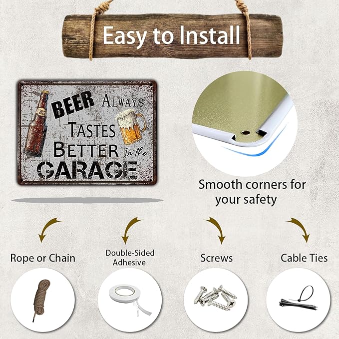 Vintage Beer Always Tastes Better in the Garage Metal Tin Sign 12x16 Inch Beer Metal Poster Beer Iron Tin Sign Home Kitchen Garden Bar Pub Restaurant Bathroom Are Wall Decor