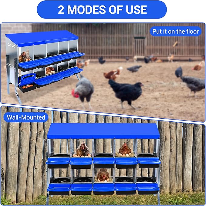 Chicken Nesting Box 10-Hole Roll Away Egg Laying Box with Lid & Stand, Galvanized Steel Rustproof Poultry Coop Box, Easy Clean, Wall Mountable No Bracket Needed for Hens, Blue