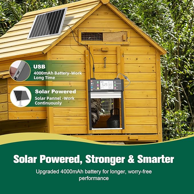 Smart Automatic Coop Door with App, Door Status Monitoring & WiFi Auto Connect, Solar Chicken Door Opener, Anti-Pinch Safety, Light Sensor, Timer, 4000mAh Battery Roll-Up Chicken Door for All Coops