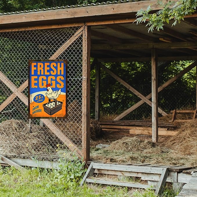 Funny Chicken Sign, Metal Chicken Coop Tin Signs, Fresh Eggs Farm Raised, Yard Sign Garage Farm Garden Wall Decor Sign Plaque Outdoor for Home Fence 8 X 12 Inches