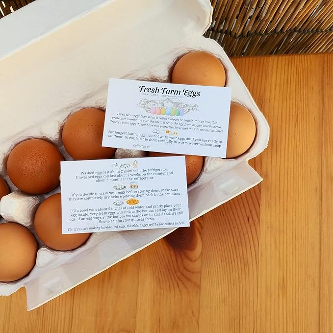 100pcs Premium Fresh Farm Eggs Handling Care Instructions Accessories Cards Labels | 4 6 12 15 18 30 48 50 Egg Blank Cartons Basket Box Container Storing Extra Organizer (M01-1CH)