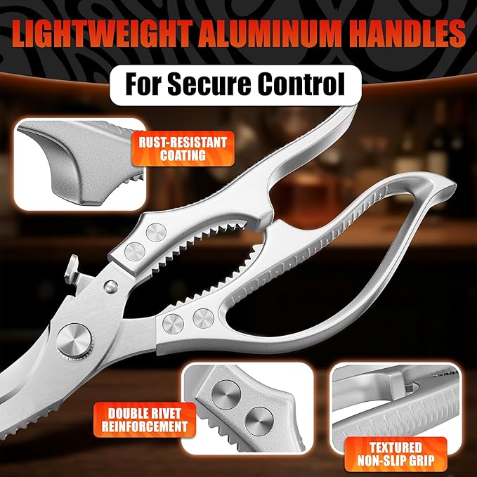 Stainless Steel Poultry Shears – Heavy Duty Kitchen Shears for Food with Hardened Blades, One-Hand Safety Lock, Spring Mechanism, Dishwasher Safe – Chicken, Meat Cutting, Turkey, Fish, and Vegetables