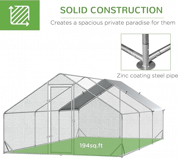 PawHut Large Chicken Coop Metal Chicken Run with Waterproof and Anti-UV Cover, Spire Shaped Walk in Fence Cage Hen House for Outdoor and Yard Farm Use, 1" Tube Diameter, 9.8' x 19.7' x 6.6'