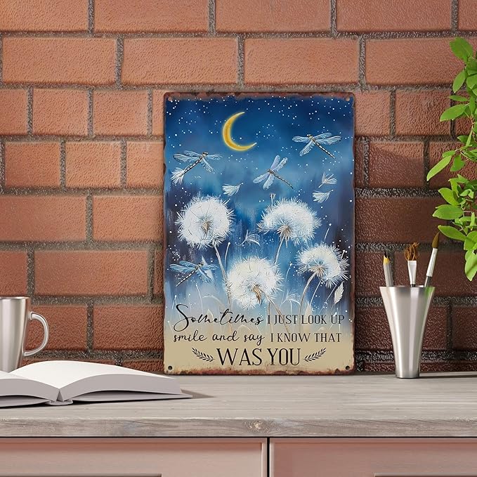 Sanwarm Metal Sign 8X12 Inch, Just Look Up Smile Say I Know That Was You Dragonfly Dandelion Inspiring Vintage Tin Sign Wall Art Decor for Home, Living Room, Bedroom, Office, Cafe And Pub Decoration