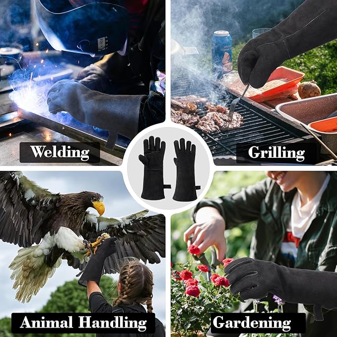 Animal Handling Gloves Bite Proof, Thickened Leather Cat Gloves for Scratching, Falconry, Welding, 23.6 inch Black
