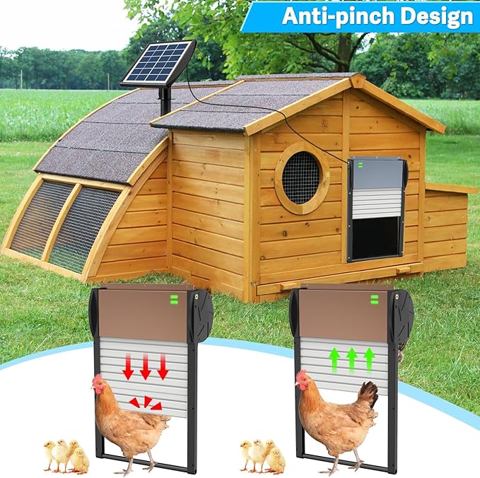 Automatic Chicken Coop Door APP Controlled, Solar Powered Chicken Coop Door Opener with Programmable Timer, 10M Remote, Light Sensor, USB Rechargeable, Anti-Pinch, Auto Chicken Doors