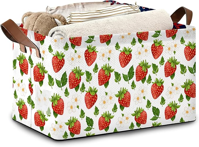 Strawberry Storage Basket with Handles,White Flowers Collapsible Rectangle Organizer Bin for Room Decoration Books Box Baskets 17x11.5x10Inch