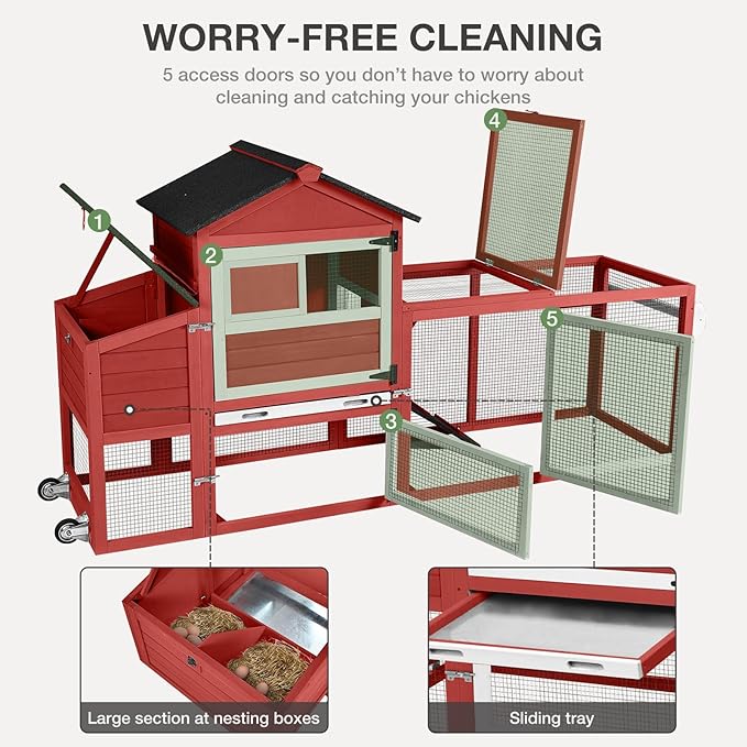 Chicken Coop for Outdoor - Poultry Cage with Wheels, Nesting Box, Leakproof Pull-on Tray, and Asphalt Waterproof Roof - Red