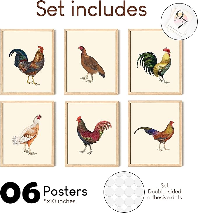 97 Decor Vintage Chicken Art Prints - Pictures Of Roosters Decorations for Home Bedroom, Farm Chicken Decor, Boho Farmhouse Chickens Poster Set, Hen Wall Art (8x10 UNFRAMED)