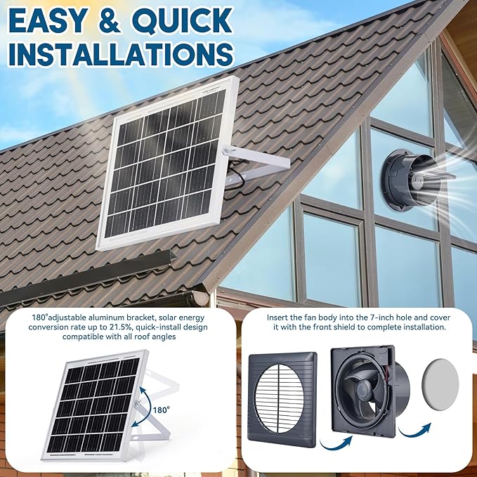 Solar Powered Exhaust Fan, 25W Solar Panel+8" High Speed Solar Powered Fans, Solar Exhaust Intake Fan Kit with Bracket, Anti-backflow Valve, Power Adapter, Vent Fan for Shed, Greenhouse, Attic