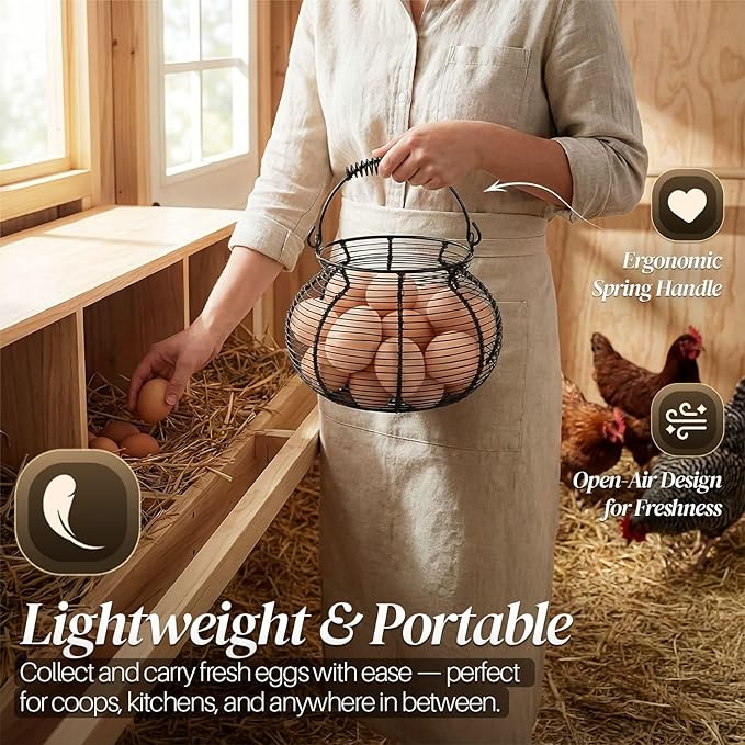 Flexzion Egg Basket for Gathering Fresh Eggs - Round Wire Countertop Egg Holder with Spring Handles, Farmhouse Chicken Eggs Collecting Basket Storage for Countertop, Kitchen Organizer and Farm (Black)