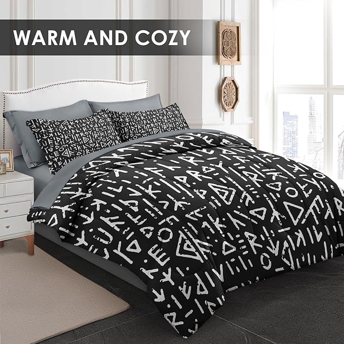 Comforter Set King Size, Gothic Viking Black 7 Pcs Bedding for Kids and Adults, Geometric Medieval Norse Bed Sheet Sets with Fitted Sheet 2 Pillowcases & 2 Shams for Bedroom Bed Decor