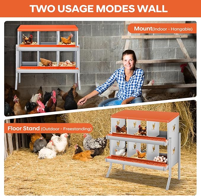 GarveeLife Chicken Nesting Box, 6 Compartments Nesting Box for Chickens, Two-Tier Galvanized Steel Chicken Egg Laying Box with Large Vented Holes Wall Mounting for Easy Egg Collection