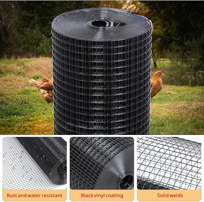 JKGHK Black Chicken Wire Netting, Poultry Hardware Cloth, Home Welded Wire Fence Roll, Metal Chicken Wire Fencing, Heavy Duty Poultry Netting Cage Fence(1.5mx30m(59inx98ft))
